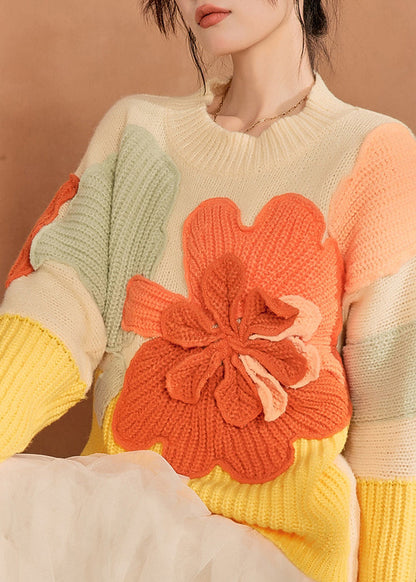 French Multicolor O-Neck Floral Knit Sweaters Spring