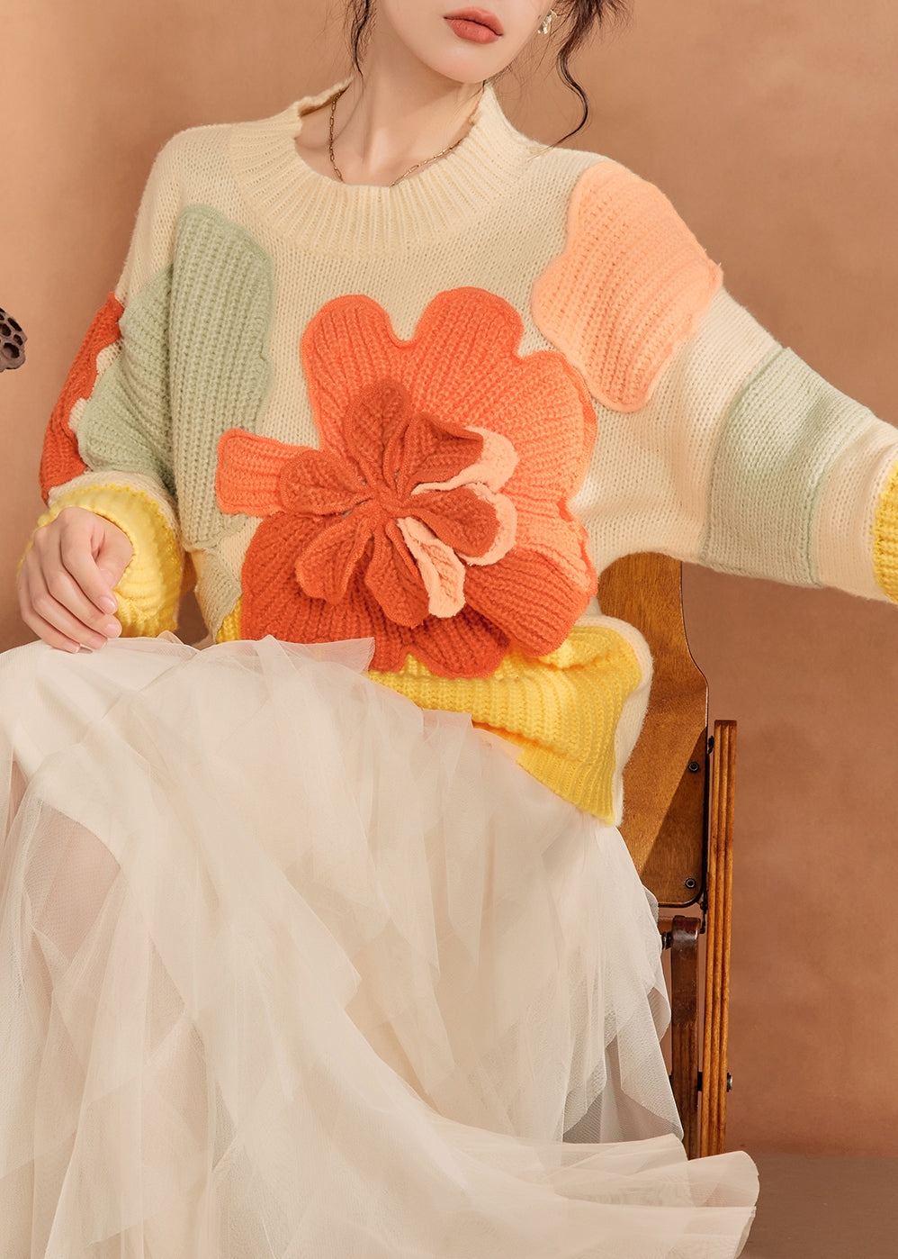 French Multicolor O-Neck Floral Knit Sweaters Spring