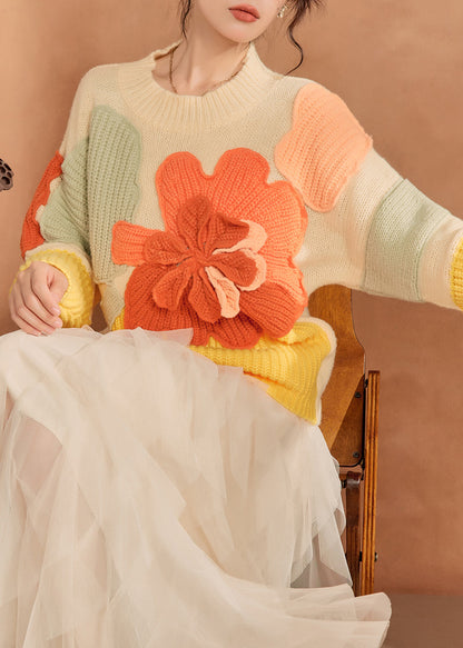 French Multicolor O-Neck Floral Knit Sweaters Spring