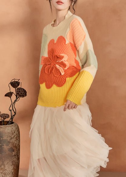 French Multicolor O-Neck Floral Knit Sweaters Spring