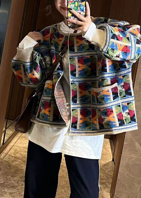 French Multicolor O-Neck Print Cotton Knit Coat Fall