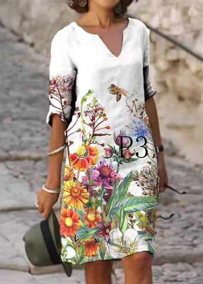 French Multicolor V Neck Print Cotton Shift Dresses Summer
