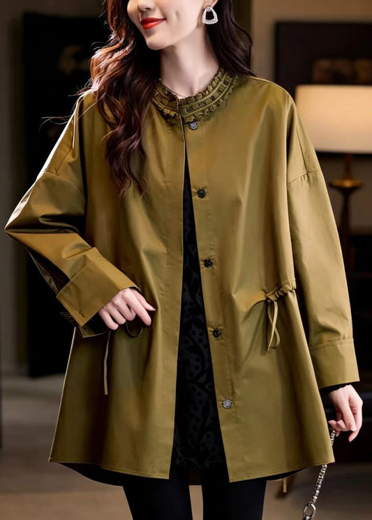 French Mustard Green Ruffled Stand Collar Drawstring Mid-Length Coats Fall