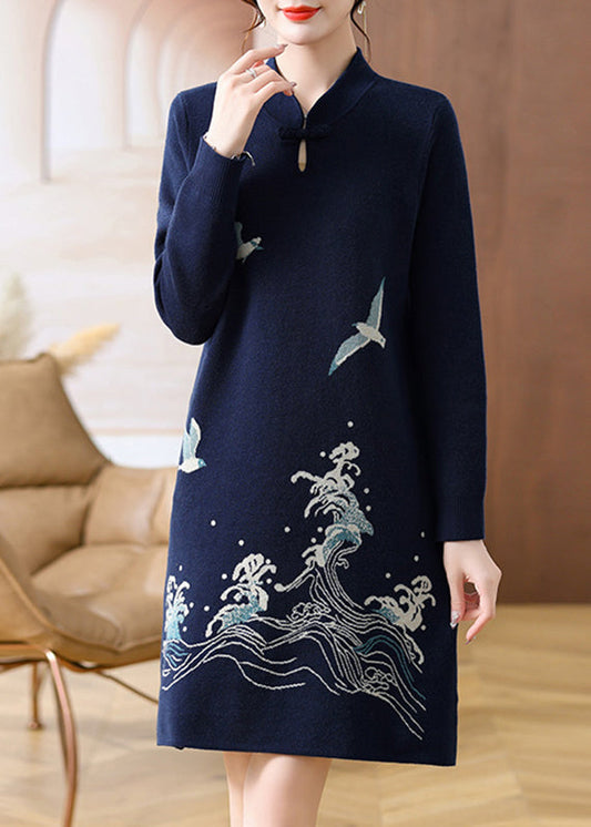 French Navy Blue Stand Collar Patchwork Cotton Knit Long Sweater Dress Long Sleeve