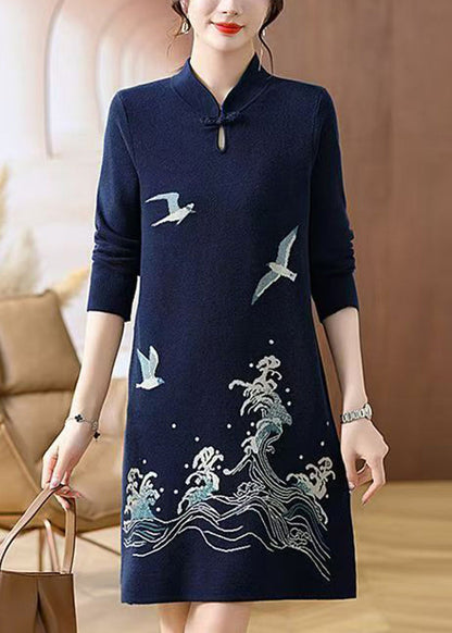 French Navy Blue Stand Collar Patchwork Cotton Knit Long Sweater Dress Long Sleeve
