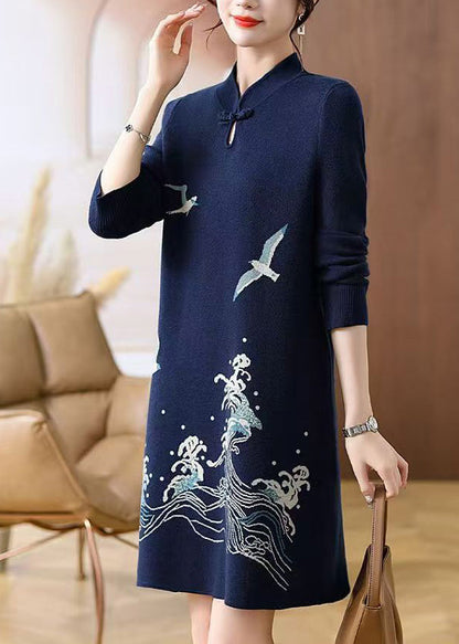 French Navy Blue Stand Collar Patchwork Cotton Knit Long Sweater Dress Long Sleeve