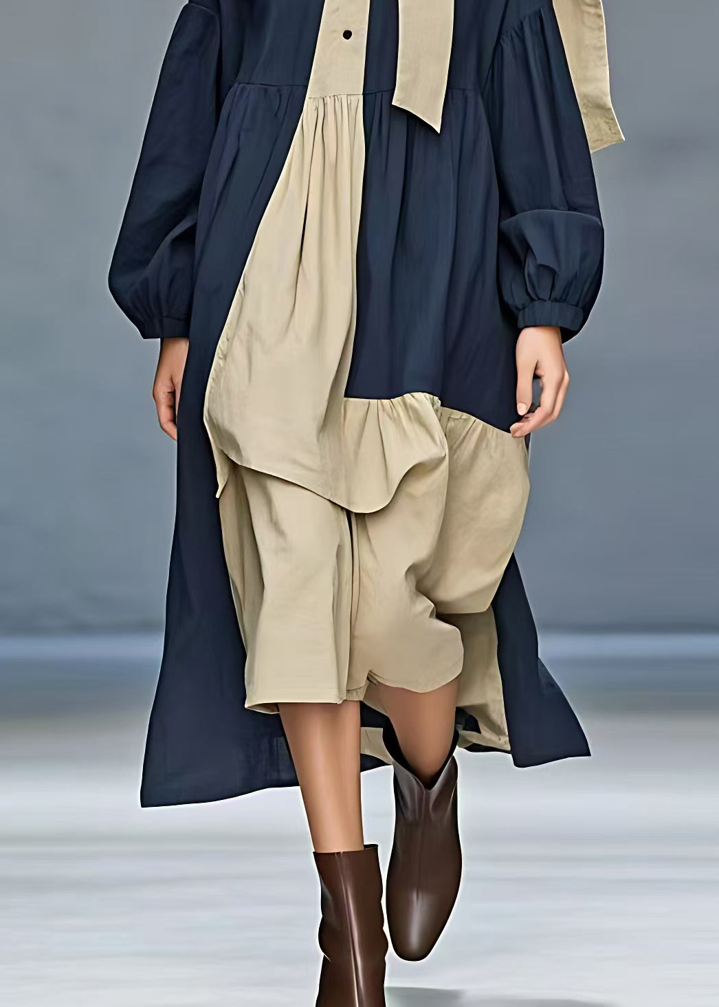 French Navy Bow Patchwork Cotton Long Dresses Long Sleeve