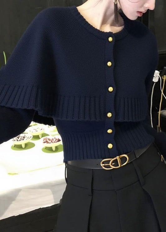 French Navy Button False Two Pieces Knit Cardigan Winter
