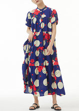 Load image into Gallery viewer, French Navy Button Print Cotton Long Dress Short Sleeve