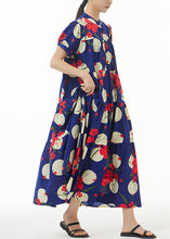 Load image into Gallery viewer, French Navy Button Print Cotton Long Dress Short Sleeve
