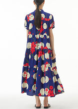 Load image into Gallery viewer, French Navy Button Print Cotton Long Dress Short Sleeve