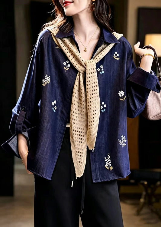 French Navy Cape Embroidered Denim Jacket Fall