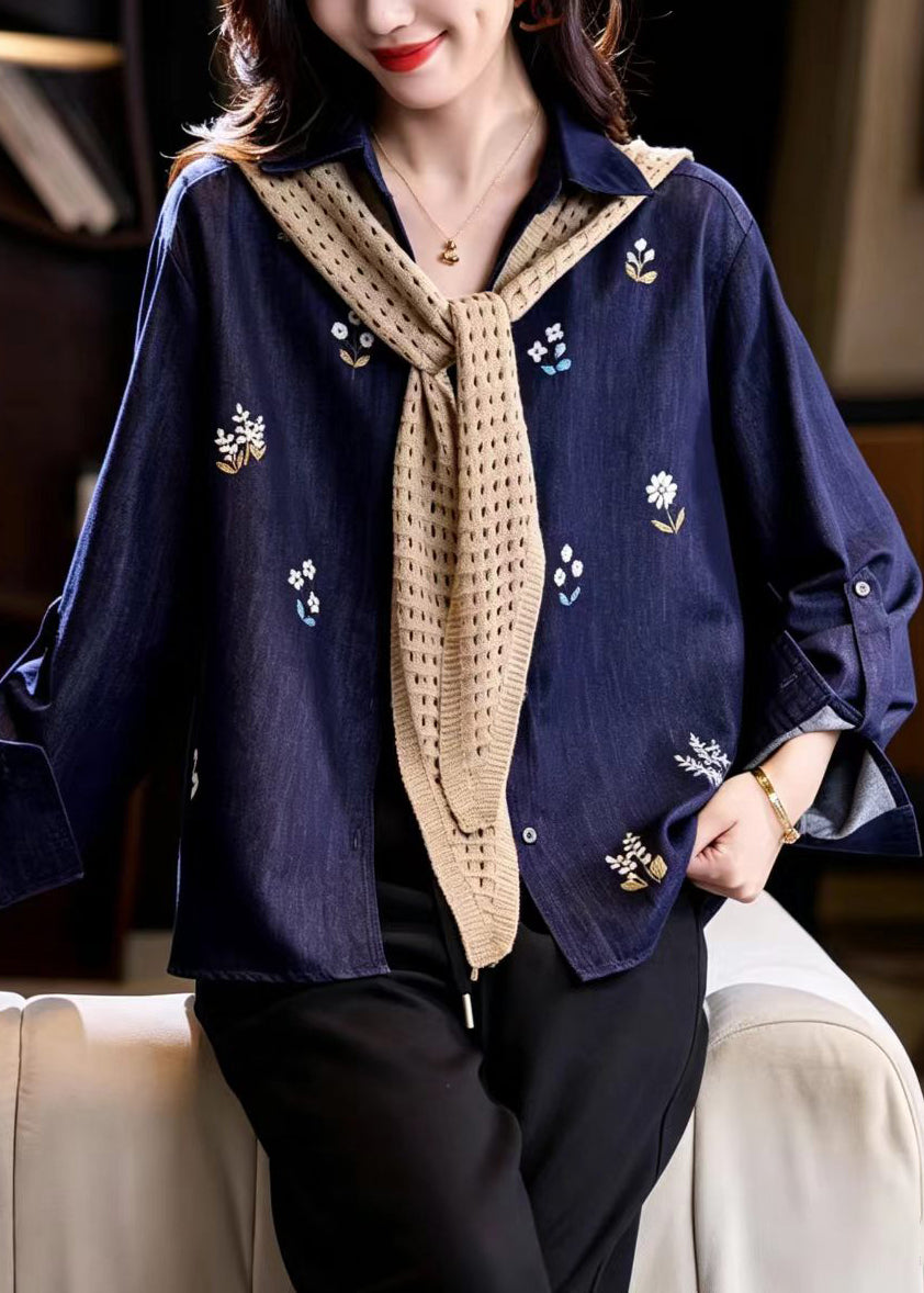 French Navy Cape Embroidered Denim Jacket Fall