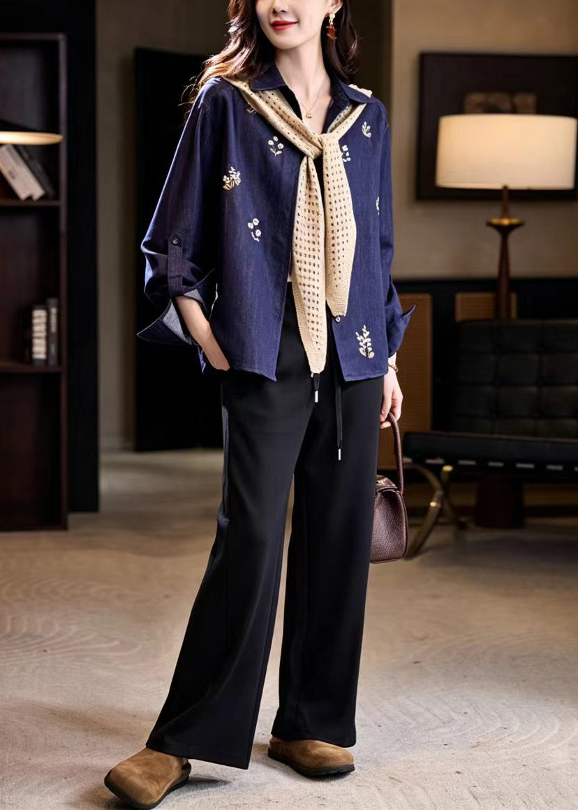 French Navy Cape Embroidered Denim Jacket Fall
