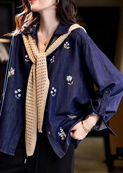 French Navy Cape Embroidered Denim Jacket Fall
