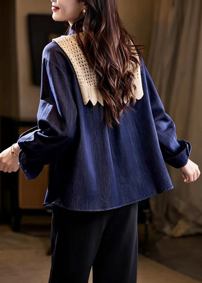 French Navy Cape Embroidered Denim Jacket Fall