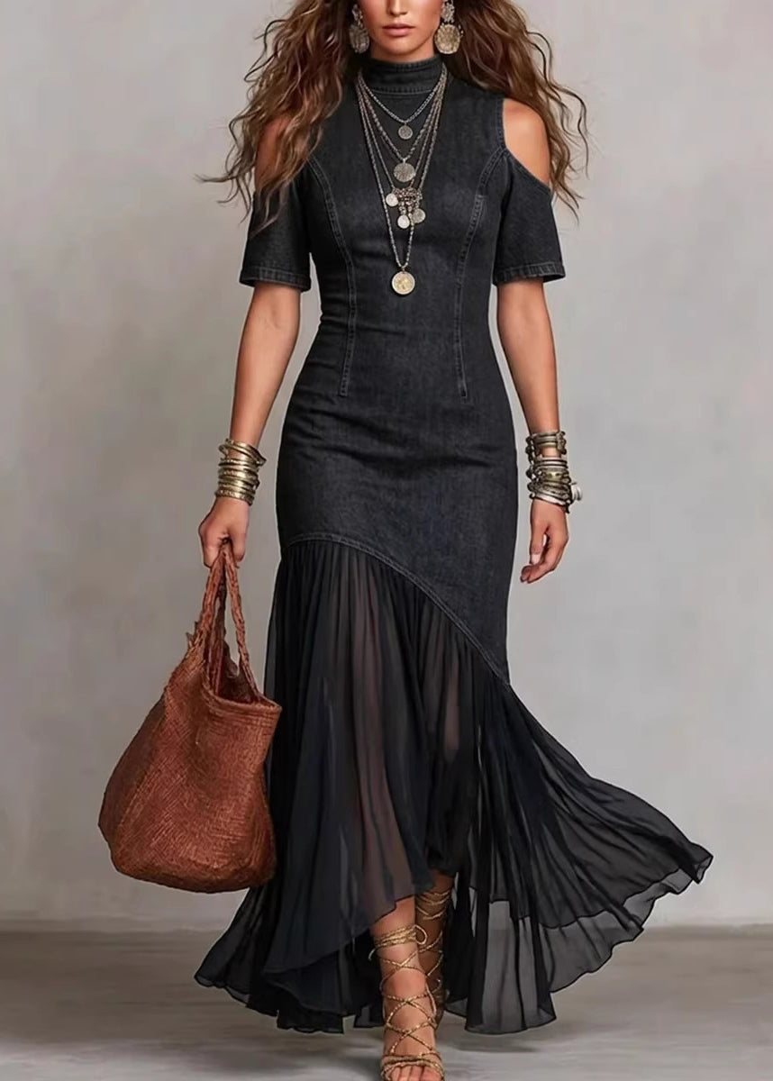 French Navy Cold Shoulder Patchwork Tulle Denim Dress Half Sleeve