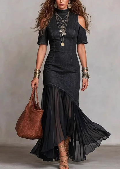 French Navy Cold Shoulder Patchwork Tulle Denim Dress Half Sleeve