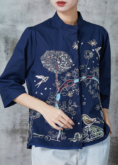 French Navy Embroidered Cotton Shirt Tops Bracelet Sleeve