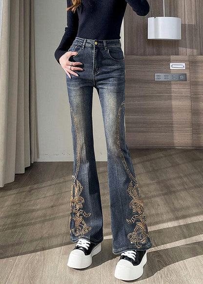 French Navy Embroidered Denim Flare Bottoms Pants Fall