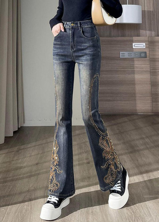 French Navy Embroidered Denim Flare Bottoms Pants Fall