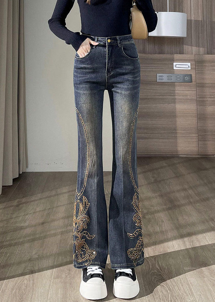 French Navy Embroidered Denim Flare Bottoms Pants Fall