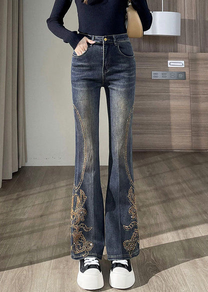 French Navy Embroidered Denim Flare Bottoms Pants Fall