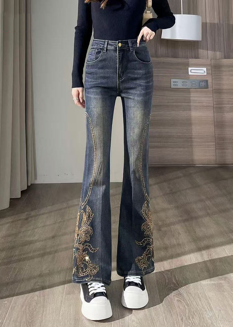 French Navy Embroidered Denim Flare Bottoms Pants Fall