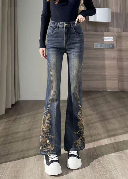 French Navy Embroidered Denim Flare Bottoms Pants Fall