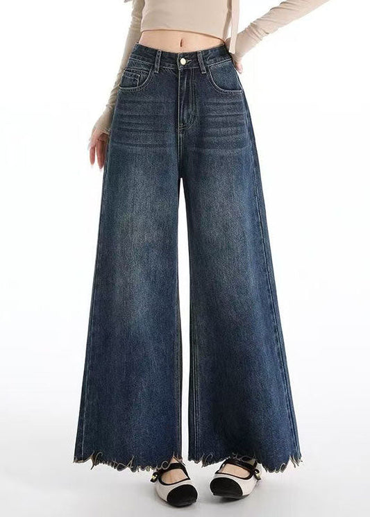 French Navy Embroidered Denim Flared Trousers Fall