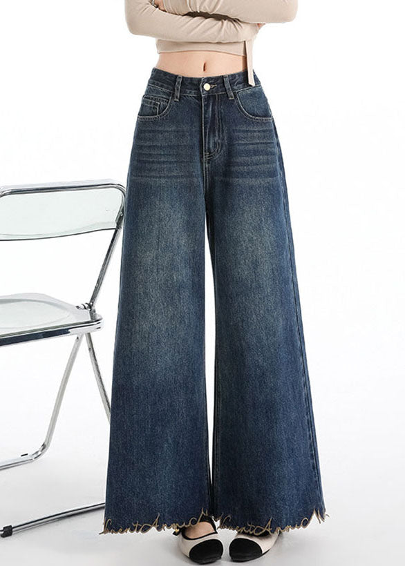 French Navy Embroidered Denim Flared Trousers Fall