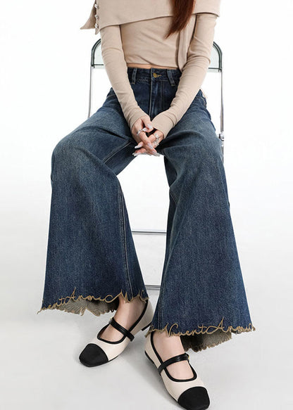 French Navy Embroidered Denim Flared Trousers Fall