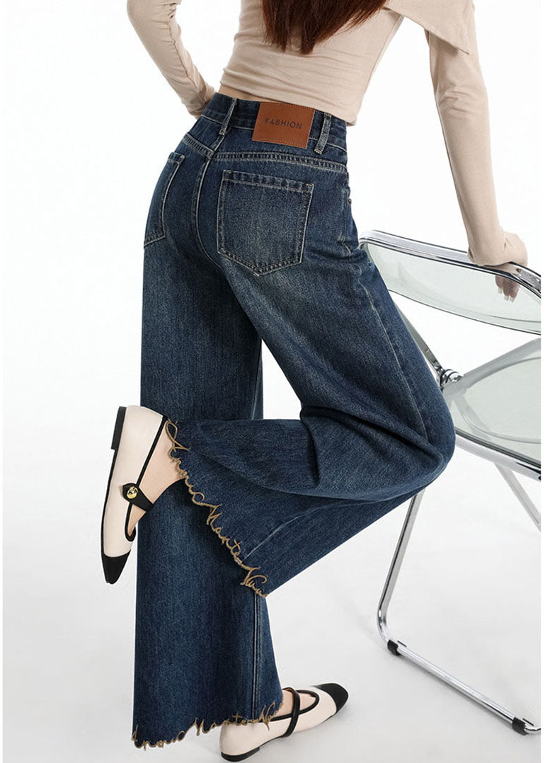 French Navy Embroidered Denim Flared Trousers Fall