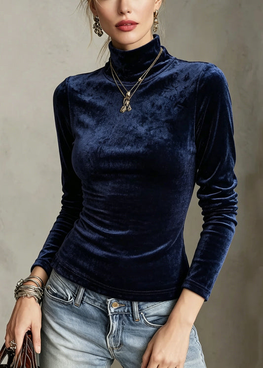 French Navy Hign Neck Slim Fit Velour Blouse Tops Fall