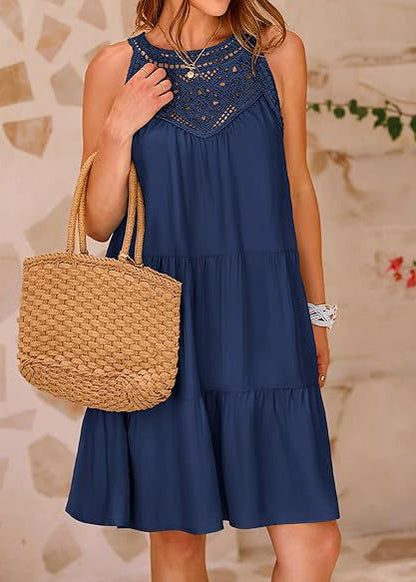 French Navy Hollow Out Cotton A Line Dress Sleeveless