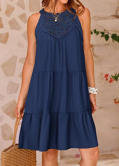 French Navy Hollow Out Cotton A Line Dress Sleeveless