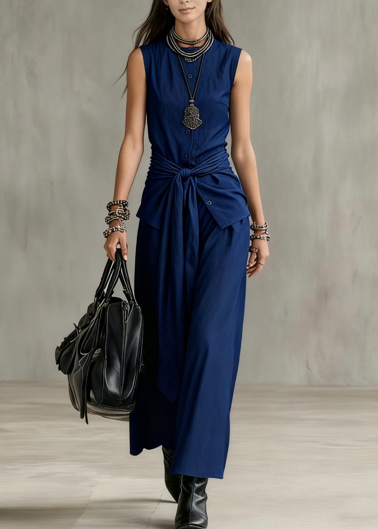 French Navy O Neck Button Tie Waist Denim Two Pieces Set Sleeveless