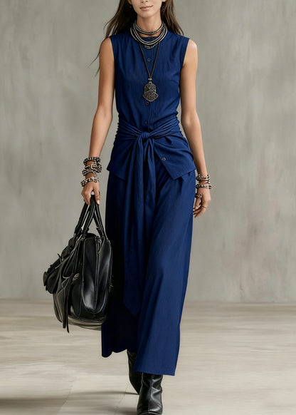 French Navy O Neck Button Tie Waist Denim Two Pieces Set Sleeveless