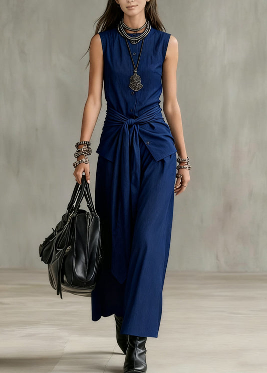 French Navy O Neck Button Tie Waist Denim Two Pieces Set Sleeveless