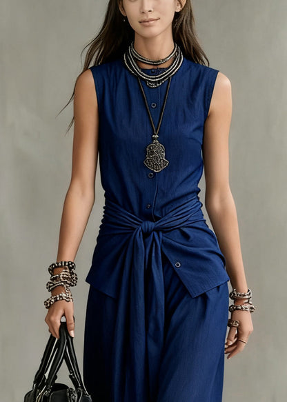 French Navy O Neck Button Tie Waist Denim Two Pieces Set Sleeveless