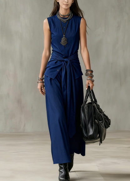 French Navy O Neck Button Tie Waist Denim Two Pieces Set Sleeveless