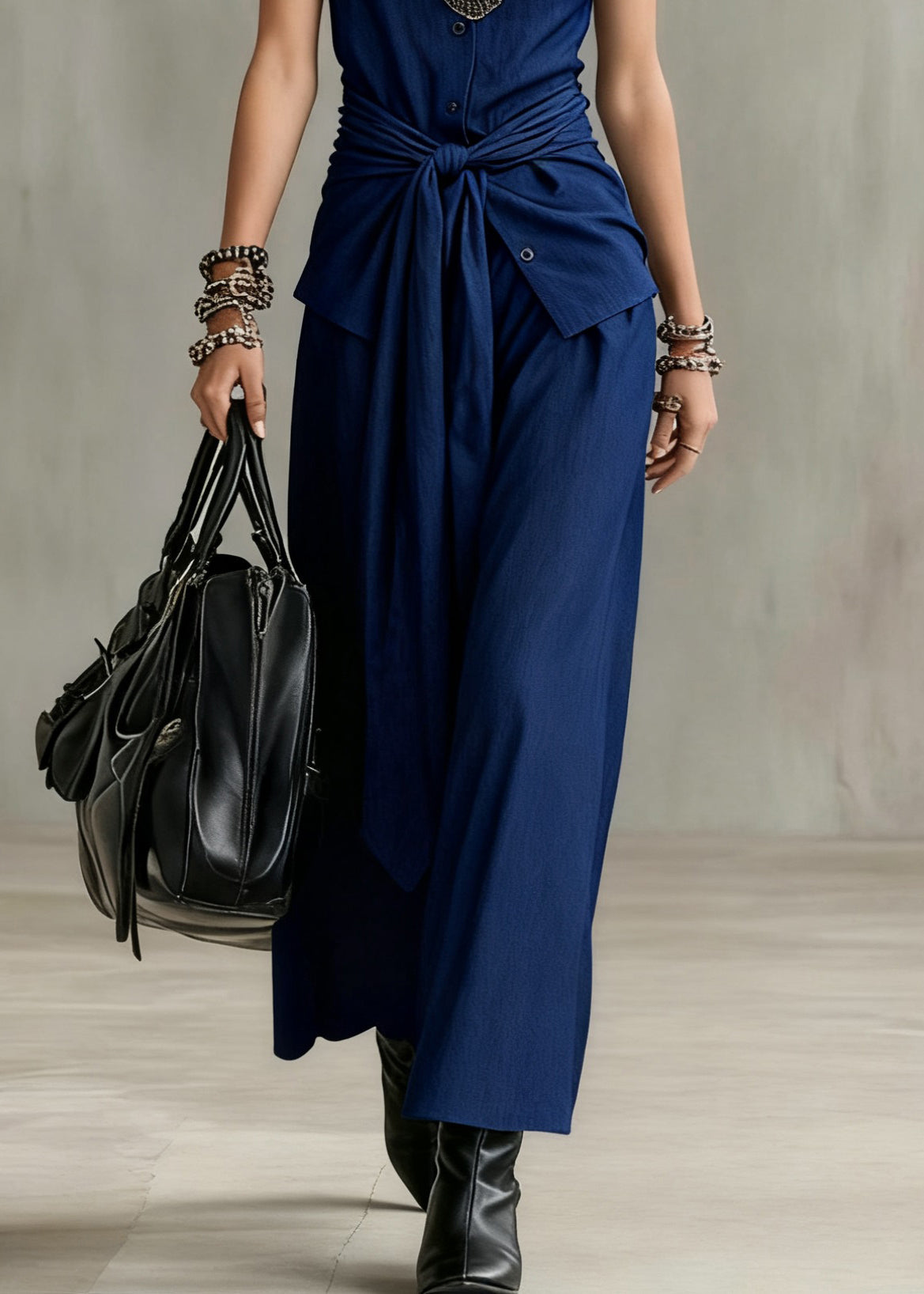 French Navy O Neck Button Tie Waist Denim Two Pieces Set Sleeveless