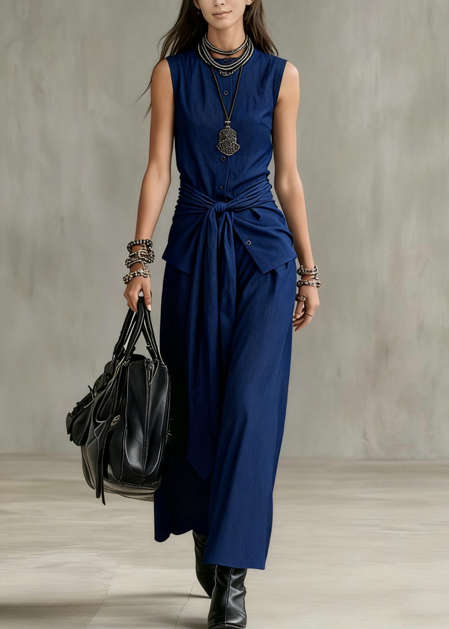 French Navy O Neck Button Tie Waist Denim Two Pieces Set Sleeveless