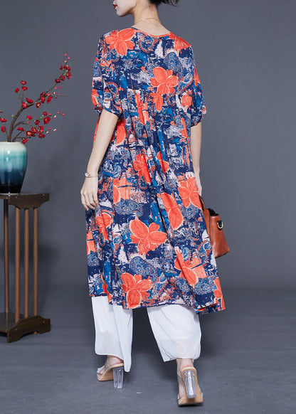 French Navy O-Neck Floral Print Silk Maxi Dress Summer