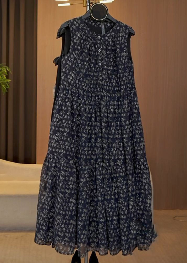 French Navy O Neck Print Button Cotton Long Dresses Sleeveless