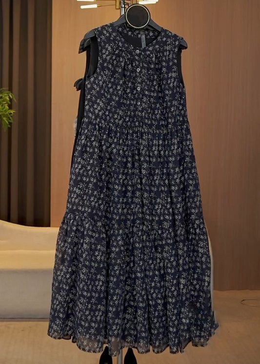 French Navy O Neck Print Button Cotton Long Dresses Sleeveless