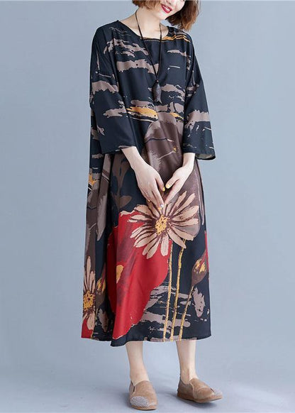 French Navy O-Neck Print Summer Loose Dresses Half Sleeve - SooLinen