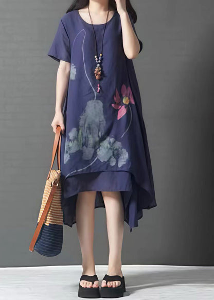 French Navy Oversized Print Linen Layered Dress Summer