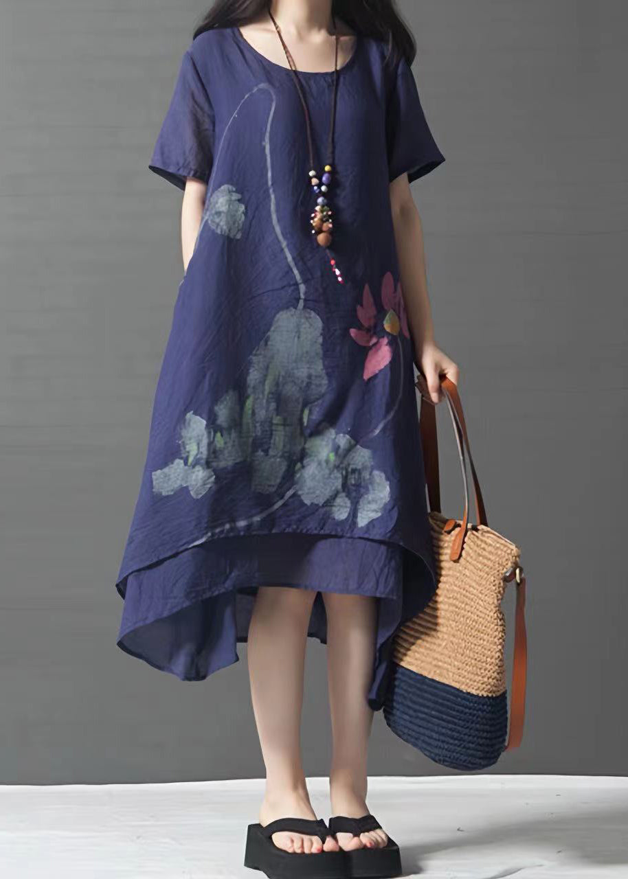 French Navy Oversized Print Linen Layered Dress Summer