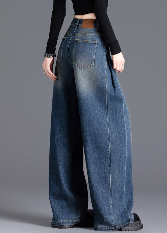 French Navy Oversized Wrinkled Denim Wide Leg Skirt Spring